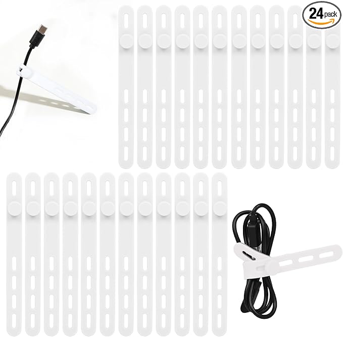 Donruby 24Pcs Silicone Cable Ties, Reusable Cord Organizer Straps, White | Adjustable, Multipurpose, 5.12" High-Elasticity Cord Wraps for Bundling Electronics, Home Office Travel Essentials by Donruby