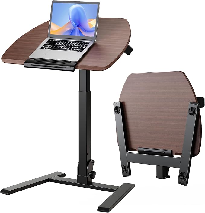 ROMOON Folding Standing Desk with Wheels: No-Assembly, Height Adjustable | Portable Sit-Stand Laptop Cart with Tilt Top, Rolling Computer Table for Home Office, Sofa, Bedroom and Small Spaces, Walnut by ROMOON