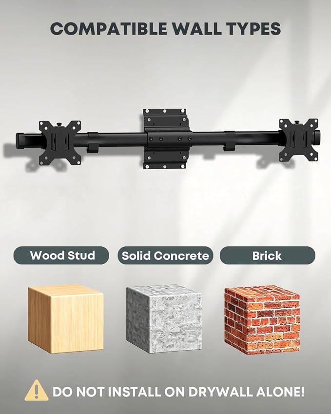 Dual Monitor Wall Mount fits 13-27 Inch, Single to Double Bracket Adapter | Ultra-Slim Wall Gap, Horizontal Assembly, Max 22lbs Per Arm, VESA 75x75/100x100mm, Black - Image 6
