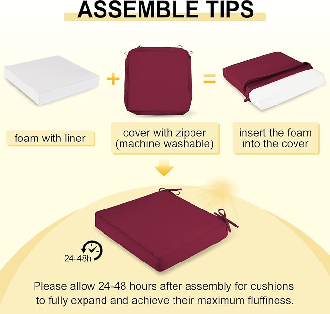 downluxe Waterproof Outdoor Chair Cushions Set of 4, 19" x 19" x 3" Patio Chair Cushion with Non-Slip Ties & Handle, Square Outdoor Cushion for Patio Furniture with Removable Cover, Burgundy - Image 7