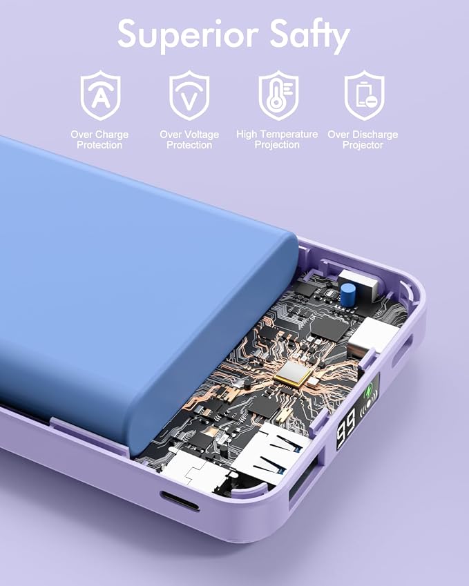 podoru for MagSafe Power Bank 10000 mAh, Foldable Magnetic Portable Charger | 22.5W PD Fast Charging, with USB-C Cable LED Display, Wireless Battery Pack for iPhone 17/16/15/14/13/12 Series-Light Purple - Image 7