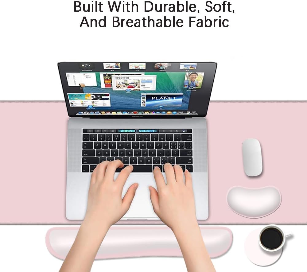 Desk Mat, Large Gaming Mouse Pad with Wrist Rest, 4 in1 XXL Mouse pad+Keyboard Wrist Rest+Mouse Pad Wrist Support+Cup Coaster Set, Ergonomic Desk Pad for Home Office, Pink - Image 6
