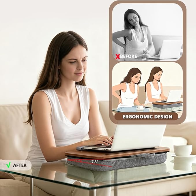 Portable Lap Desk Fits 14–17 Inch Laptops for Bed | Walnut-toned top surface,padded cushion,hand strap,pen & tablet slots for home,car & travel - Image 4