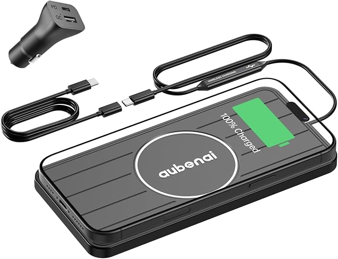 Wireless Car Charger Pad, 15W Fast Charging Pad with 70cm Extension Cable, Non Slip Car Wireless Phone Charger Mat Compatible with iPhone 16/15/14/13, AirPods, Samsung S25 S24(Extension USB-C) by AUBENAI