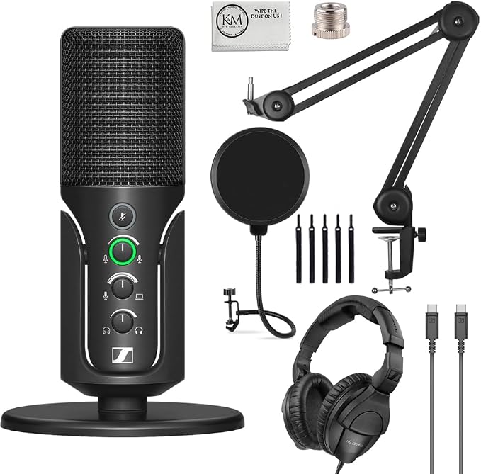 Sennheiser Profile USB Condenser Microphone with Desktop Stand Bundled with Closed-Back Headphones + Microphone Boom Arm + Wind Screen Pop Filter + Microfiber Cleaning Cloth (5 Items) by Unknown