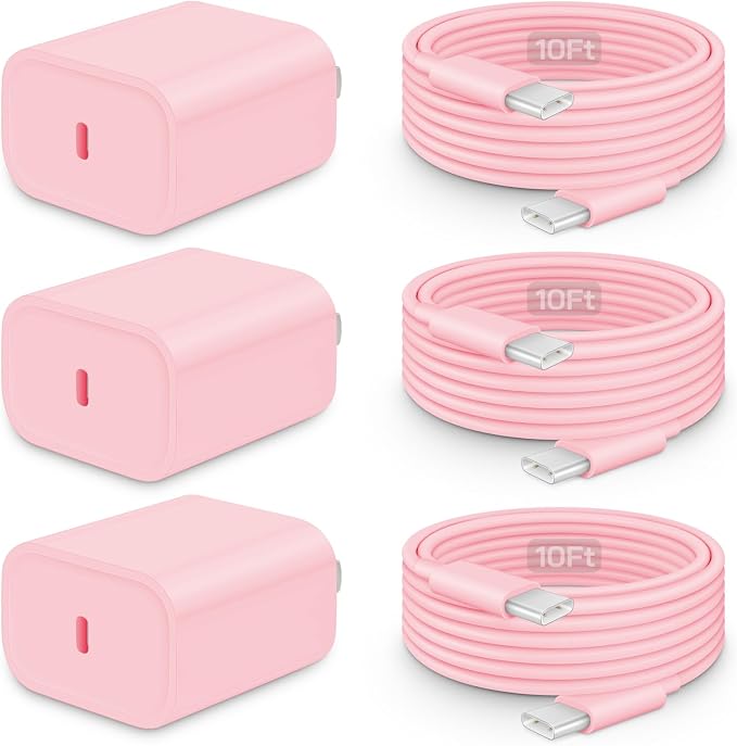 20W Fast Charger for iPhone 17/16/15 with 10FT Cable [3-Pack] - Light Pink | USB-C Wall Charger & C-to-C Cable, Compatible with iPhone 17/16/15 Series, USB-C iPad Pro/Air/Mini & More by CXX