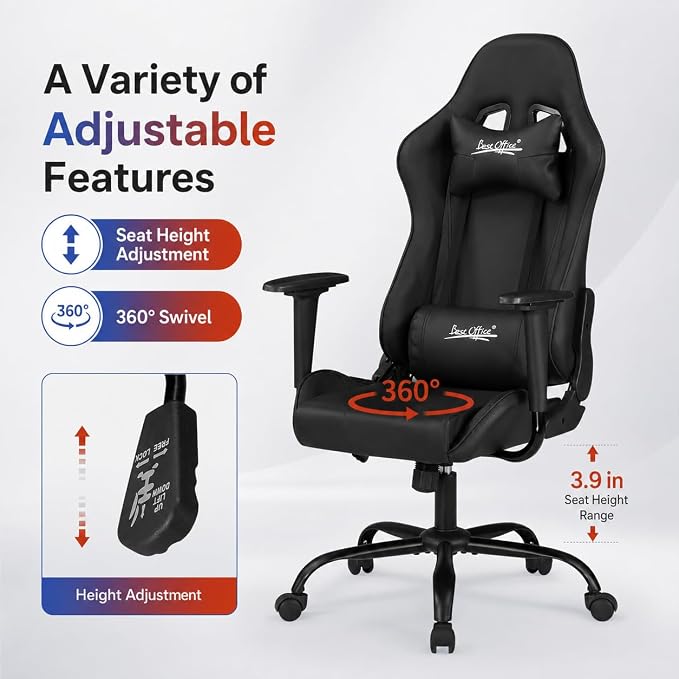 Gaming Chair Office Chair Desk Chair with Lumbar Support Headrest Armrest Task Rolling Swivel Ergonomic E-Sports Adjustable PC Gamer Chair Black - Image 8