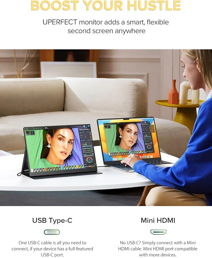 UPERFECT 14.5" 4K Portable Monitor, 125% sRGB, 600 Nits 16:10 Display | 3840×2400 UHD 1.06B Colors, Matte IPS Screen, Smart Cover Included, Metal Frame for Laptop, PC & Travel - Image 6