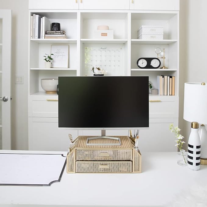 BLU MONACO | Monitor Stand with Drawer Storage | Desk Top Monitor Stand Riser Gold | Computer Support Organizer Elevador de Monitor - Image 3