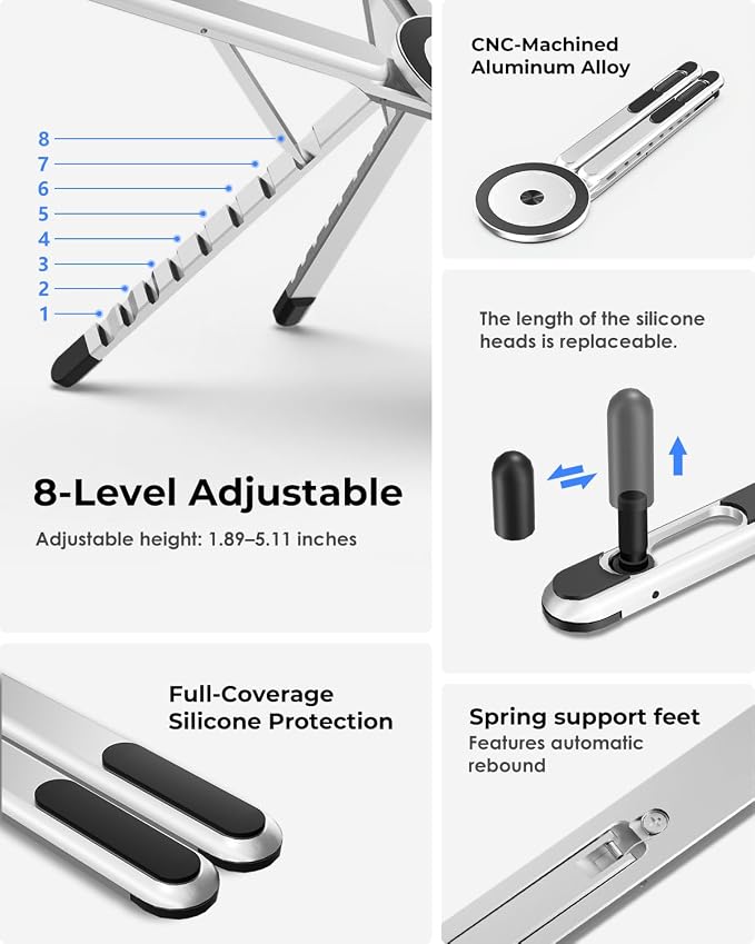 Viozon Portable Laptop Stand for Desk, Foldable Adjustable Computer Riser with Magnetic Phone Holder, Aluminum Laptop Stand for 10–16” Laptops & 4–13” Phones/Tablets (Silver) - Image 5