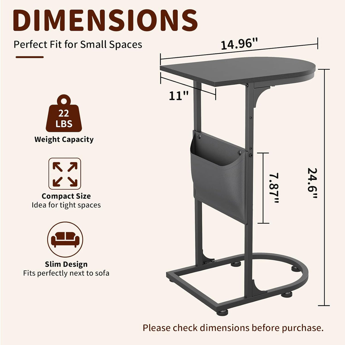 C Shaped End Table, Slide Under Small Side Table for Couch & Small Spaces - Image 2