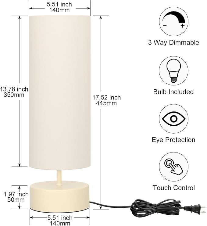Touch Control Table Lamp, 3 Way Dimmable Bedside Lamp, Modern Desk Lamp | Simple Nightstand Lamp, Cream Base with Beige Shade, Night Light for Bedroom Living Room Home Office, LED Bulb Included - Image 2
