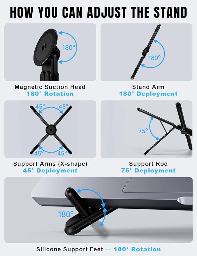 Magnetic Phone Stand & Foldable Laptop Riser, Matte Black Multi-Device Aluminum Desk Mount, N52 MagSafe Tripod Grip for Travel Office, Ergonomic Elevator for MacBook, iPad & iPhone - Image 2