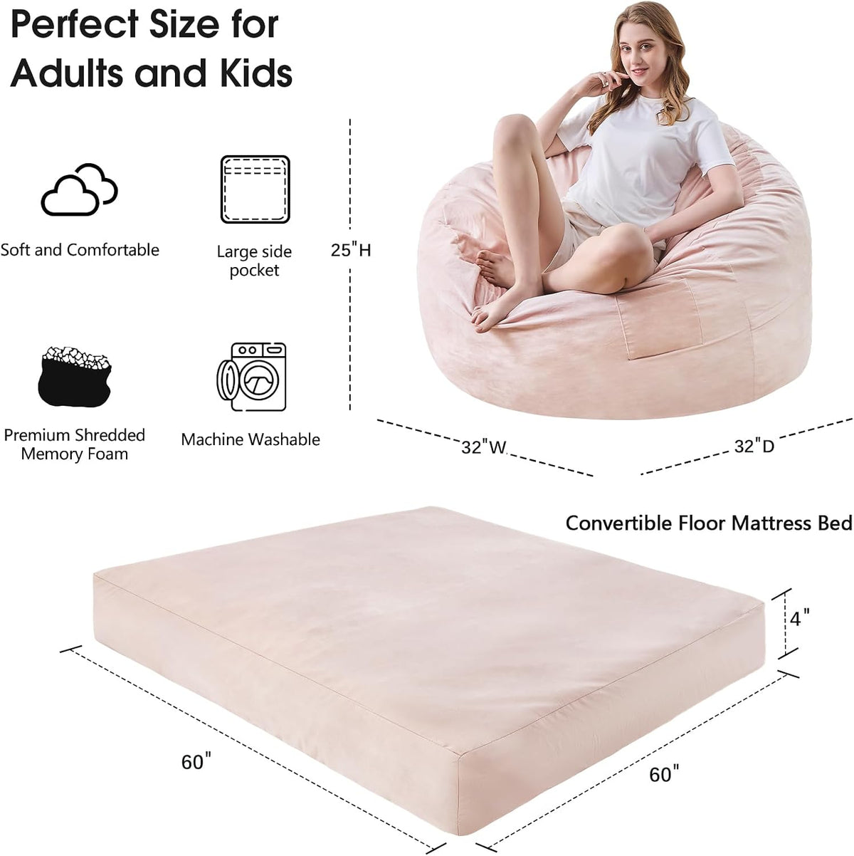 Bean Bag Chairs for Adults - Giant Bean Bag Convertible Floor Sofa - Image 3