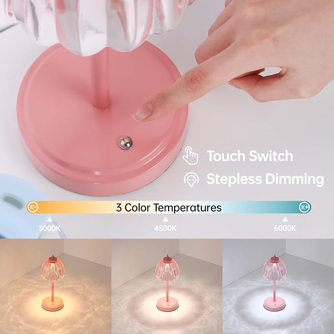 Shenmoyl Rechargeable Table Lamp with 5200mAh Battery & Touch Control - 3 Adjustable Color Temperatures, Cordless Dimmable Table Light for Bedroom, Office Desk, Nightstand (Clear Pink,Pink Base) - Image 3