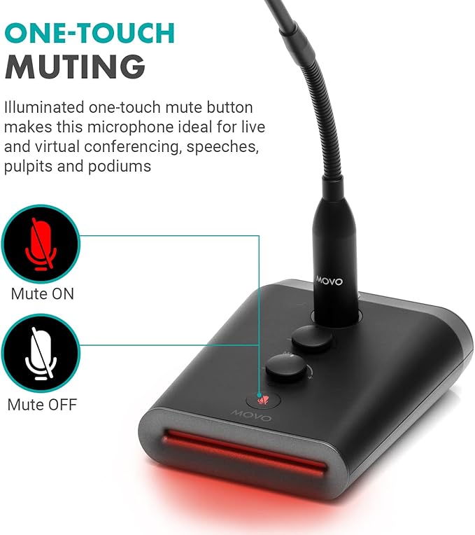 Movo GM-7 Professional 18-inch Gooseneck Microphone and USB Interface Base with RGB Lights, Gain, Mute - Podium Microphone with Stand for Streaming, Meetings, Lectures - USB Mic for Mac and PC - Image 7