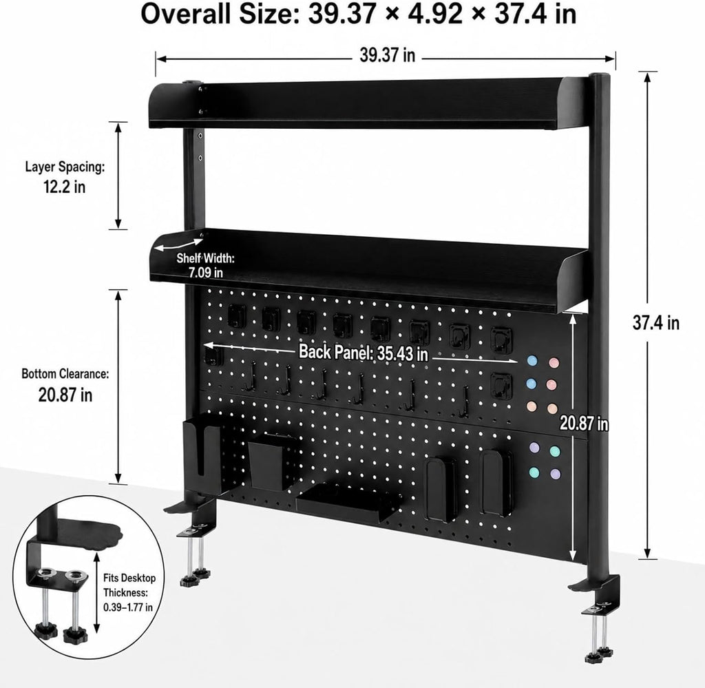 Clamp-On Desk Hutch with Pegboard, 39.5 x37.5in 2-Tier Desktop Organizer Shelf, Carbon Steel Frame with 2 Shelves and Pegboard Storage, for Office, Dorm, Study - Image 2