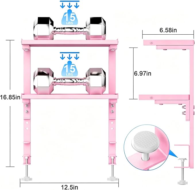 Spacrea Clamp on Desk Shelf, 2 Tier Office Desk Shelves Organizer, Wood Desktop Supplies Storage Rack, Desk Organizers and Accessories (Pink) - Image 3