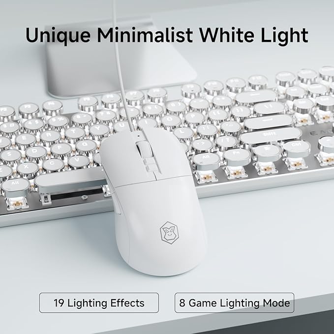 EWEADN Wired Typewriter Keyboard and Mouse Combo, Typewriter Style Mechanical Keyboard,104 Keys Backlit LED Keyboards, Media Control Knob, Wired Keyboard White Switch for Windows/PC-White - Image 3