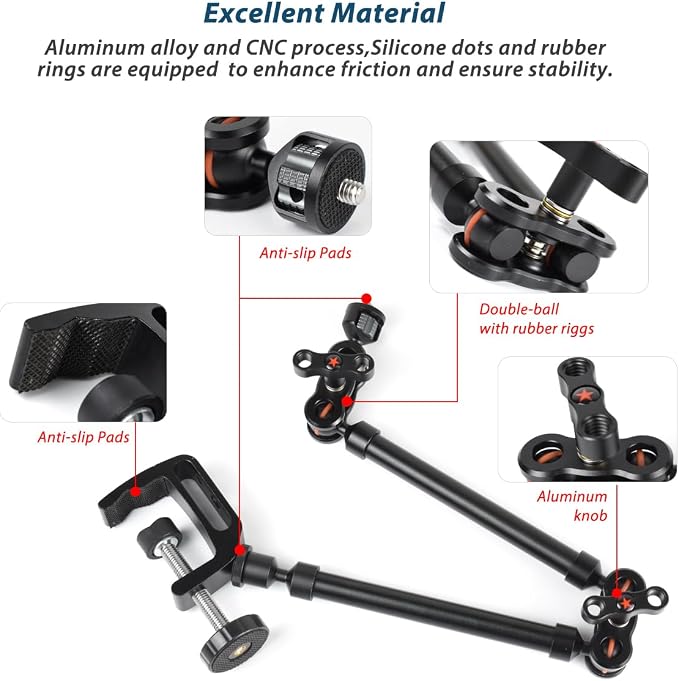 21"/53cm Adjustable Magic Arm with Super Clamp, Overhead Phone Mount, Heavy Duty Desk Camera Mount & Clamp,Flexible Joints Articulating Friction Arm for Light, Webcam, Mic, Action Camera - Image 5