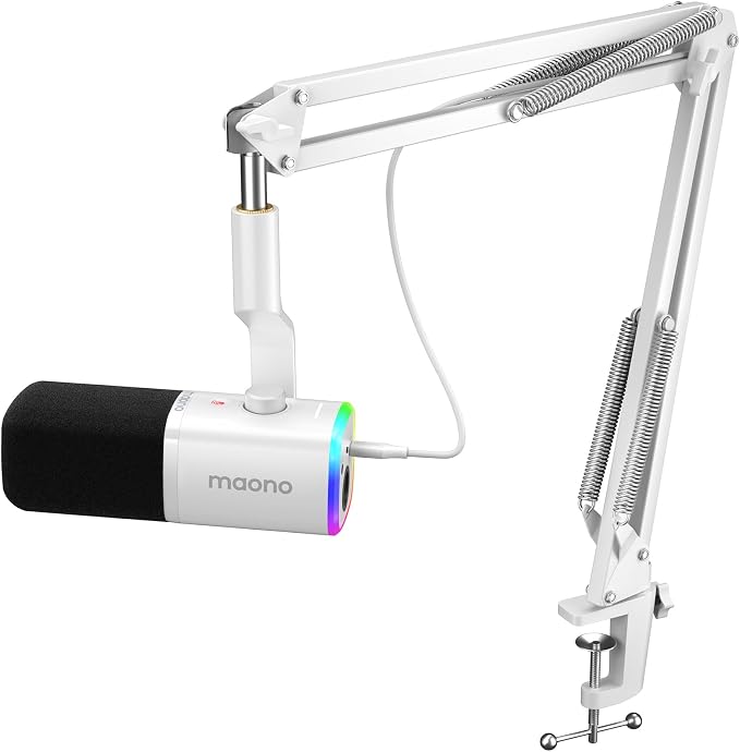 MAONO XLR/USB Gaming Microphone for PC, Dynamic Computer Mic for Streaming Podcasting, Noise Reduction, Mute, Volume Control, RGB Boom Mic for Vocal Recording,Voice-Over, PD100XS White by MAONO