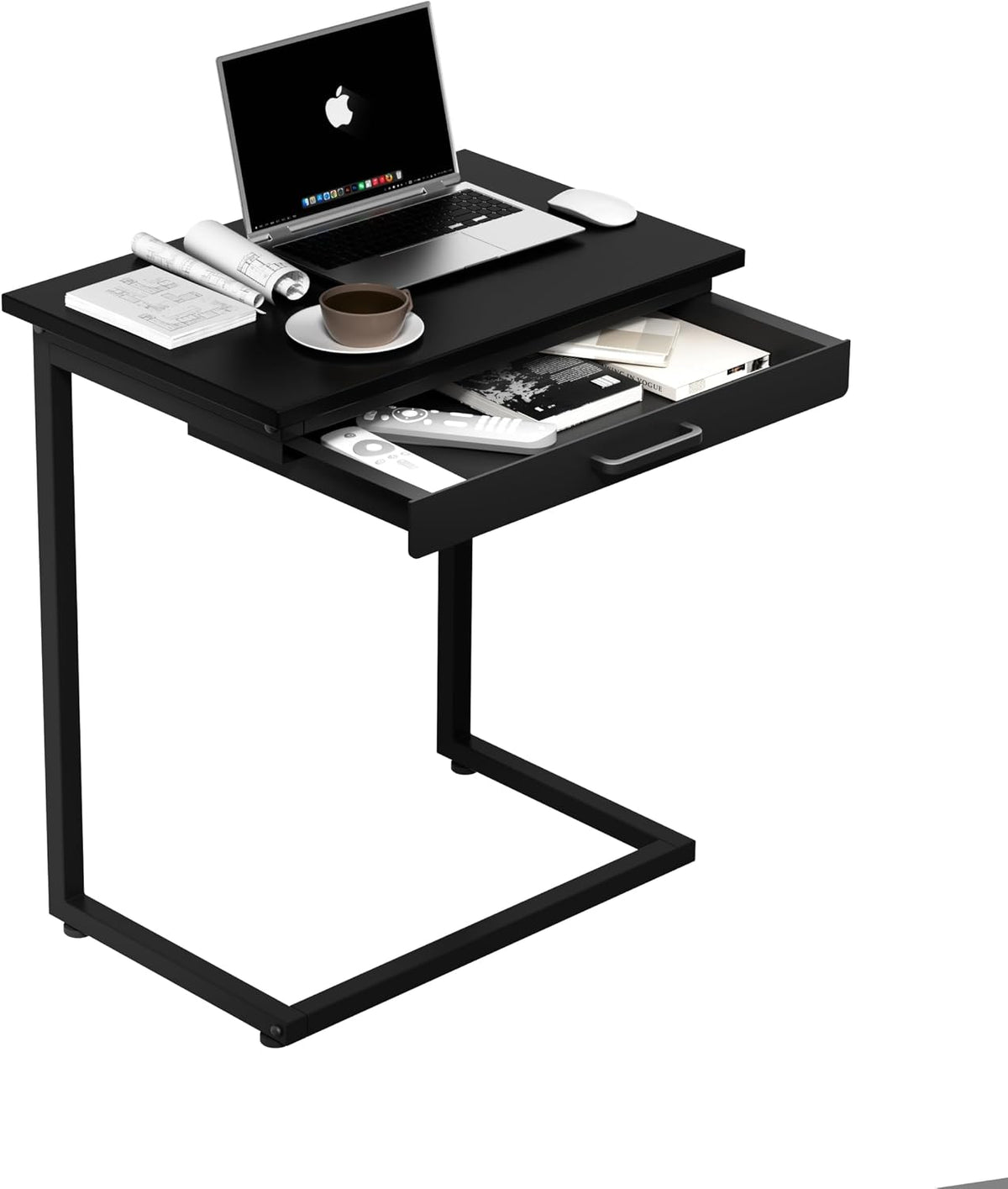 C Shaped End Table,Small Couch Side Table with Drawer,for Living Room, Bedroom Magazines, Computers, Coffee, Small Objects Storage.Black by Serxis