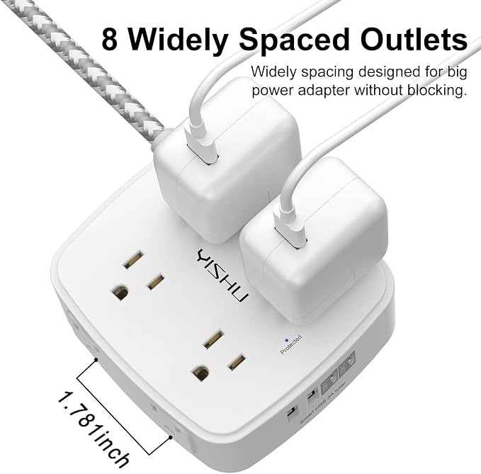 Surge Protector Power Strip - YISHU 8 Outlets with 4 USB (2 USB C) Charging Ports, 5Ft Braided Extension Cord, Flat Plug Multi Plug Outlet Extender Charging Station for Home Office, ETL, White - Image 4