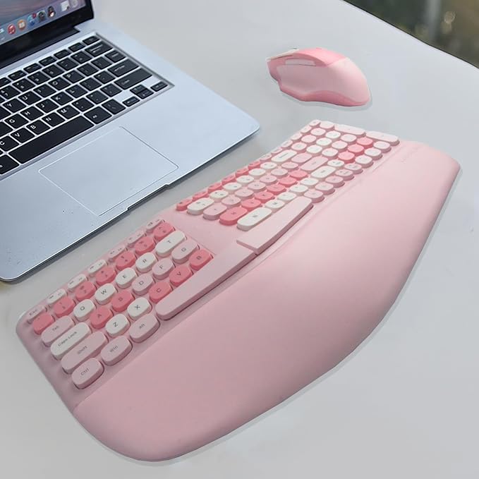 Wireless Ergonomic Keyboard and Mouse Combo with PU Wrist Rest, Carpal Tunnel Keyboard, 2.4G Colorful Split Ergo Keyboard, Comfortable Natural Typing, Compatible with PC/Laptop (Pink) - Image 2
