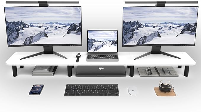 Dual Monitor Stand Riser 43.7 inch Large Extra Long Monitor Stand Riser Wide TV Stand Riser Monitor Stand for 2 Monitors Wood & Steel Leg Desktop Riser Desk Organization Home Office (White) by WEGASTU