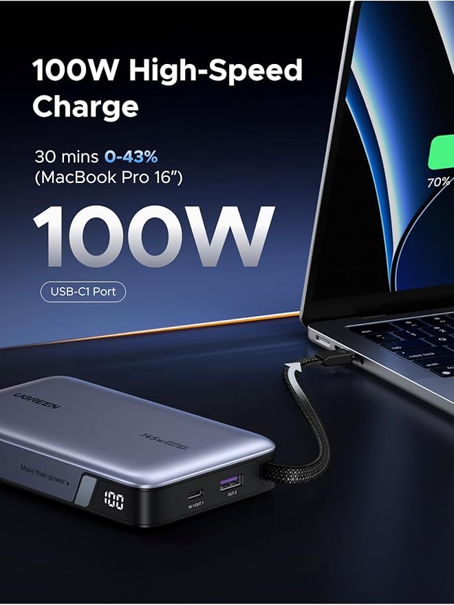 UGREEN Nexode 20000mAh 145W Built-in USB-C Power Bank | Built-in USB-C cable, 72Wh. Fast charges for MacBook, iPad, Samsung S25, Dell, HP - Image 3