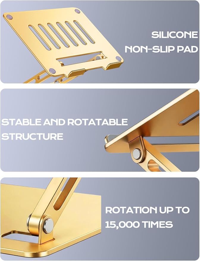 LOXP Aluminum Laptop Stand, Adjustable Laptop Stand for Desk Foldable | Portable Laptop Riser, Ergonomic Computer Notebook Holder for Desk, Office Desk Accessories (10-15.6'') - Gold - Image 7