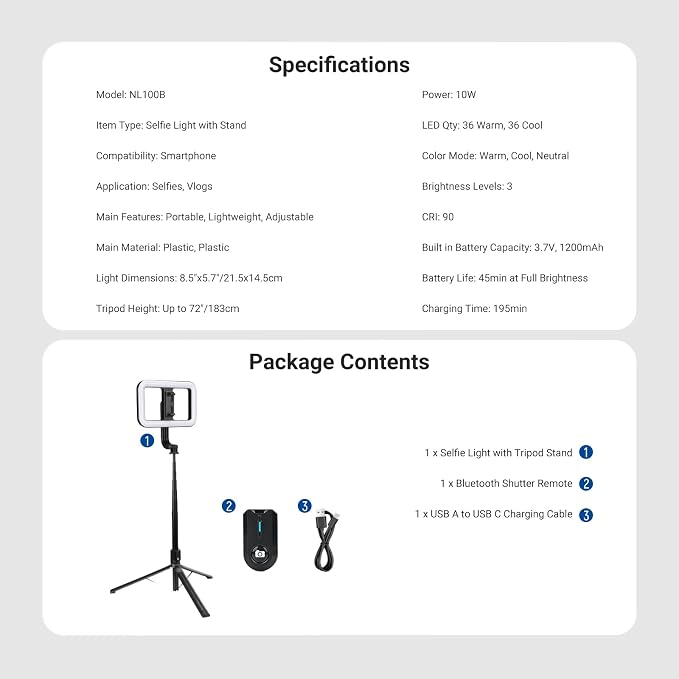 NEEWER Basics 10W Selfie Light with Tripod Stand, 1200mAh LED Square Ring Lighting, 72" Selfie Stick Phone Holder Compatible with iPhone, CRI90 3 Modes Remote for Travel Vlog Video Recording, NL100B - Image 9