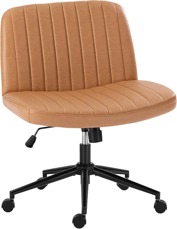 OLIXIS Criss Cross Chair with Wheels, Vanity Chair, Home Office Desk | Wide Seat Armless, Faux Leather, Height Adjustable Swivel Rolling, Home Computer Task Seating for Bedroom Study, Brown PU by OLIXIS