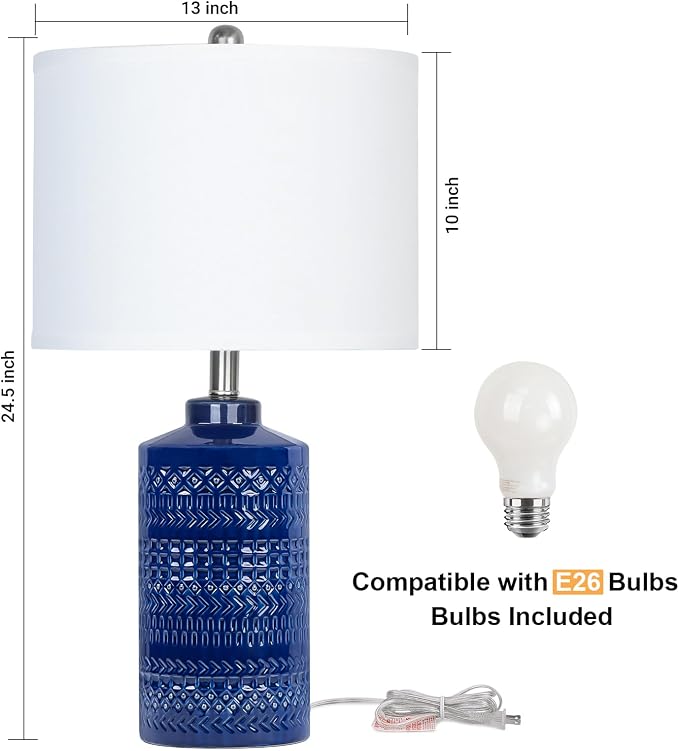 JUNNAI 24.5" Navy Blue Table Lamp Modern Bedside Ceramic Lamps for Living Room 3-Way Dimmable Entryway Nightstand Farmhouse Lamp for Home Office Bedroom, Bulb Included - Image 2