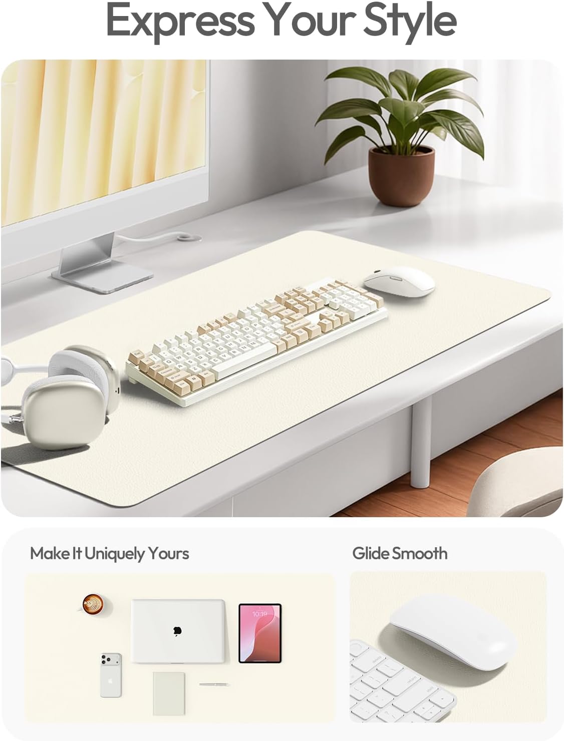 YSAGi Leather Desk Protector, Office Mat, Large Mouse Mat, Non-Slip PU Leather Blotter, Laptop Desk Mat, Waterproof Writing Pad for Office and Home(Cream, 63" x 24") - Image 2