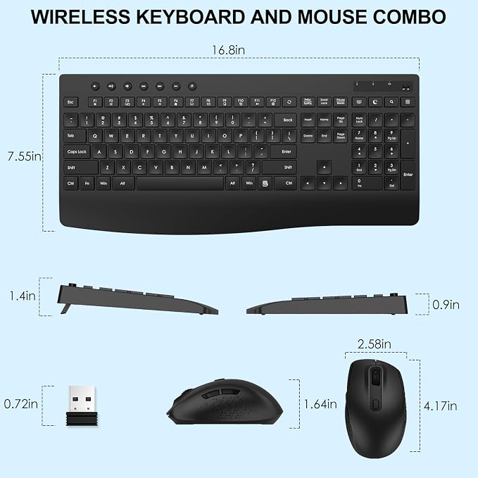 Full-Size Silent Wireless Keyboard and Mouse Combo with Palm Rest | 30dB quiet keys, silent clicks, 12-month battery, 1.4-in rear lift, 12 hotkeys, auto sleep, 2.4G receiver, Win/macOS/ChromeOS - Image 8