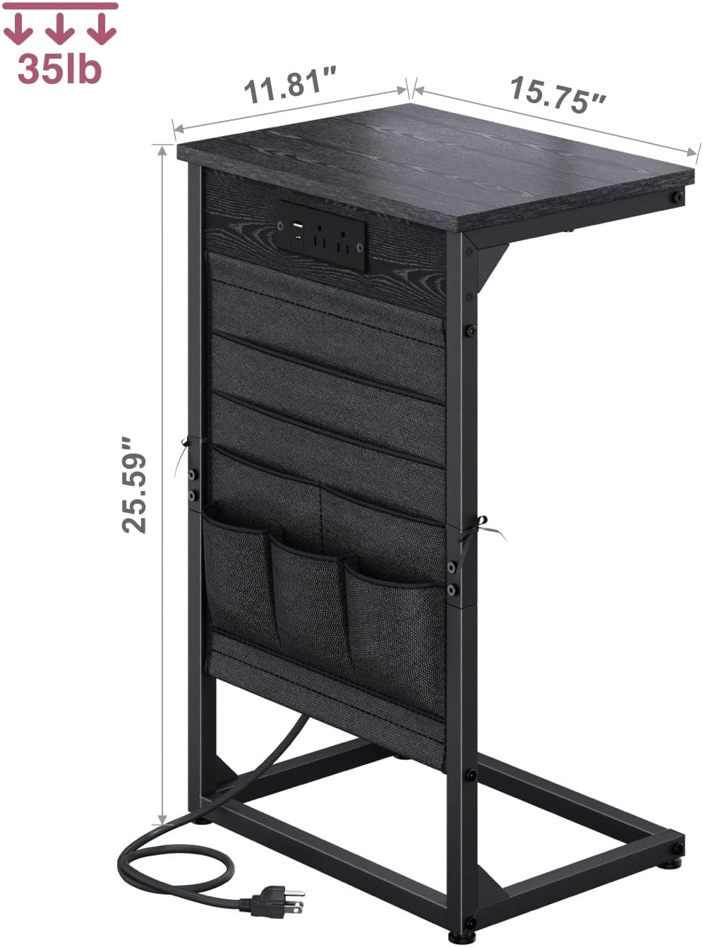 C-Shaped End Tables Set of 2, Small Couch Side Table with Fast-Charging Station, Sofa TV Tray Table with Storage Bag for Living Room, Bedroom, Bedside ET-BK-W2 - Image 3