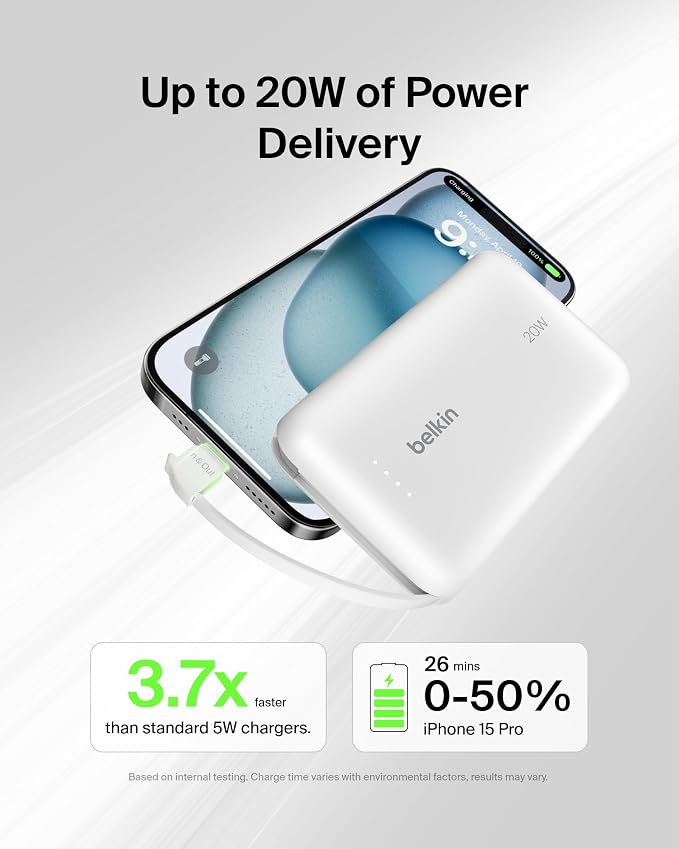 Belkin 10000mAh 20W USB C Power Bank, Portable Charger for iPhone & iPad | Fast Charging, Integrated USB C Cable, Eatra USB C Port, iPhone 17, iPad, Samsung Galaxy S26, Charge 2 Devices - Image 5
