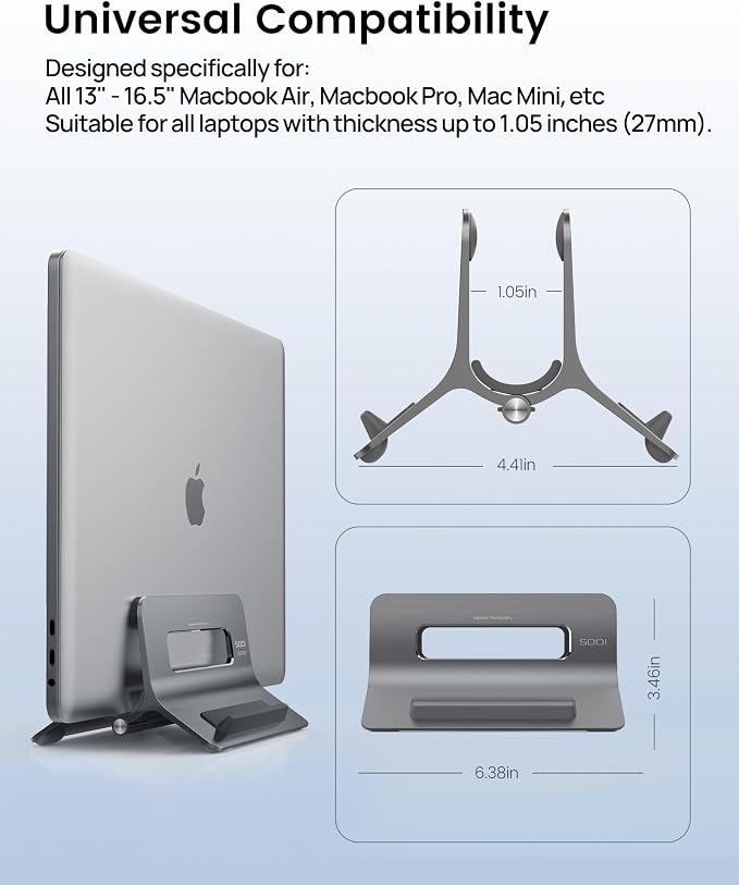 Vertical Laptop Stand for Desk, Gravity Auto Lock MacBook Stand, Aluminum Laptop Holder Vertical Compatible with MacBook Pro, Air, Tablet, Space-Saving Organize Work & Home Office, Gray - Image 8