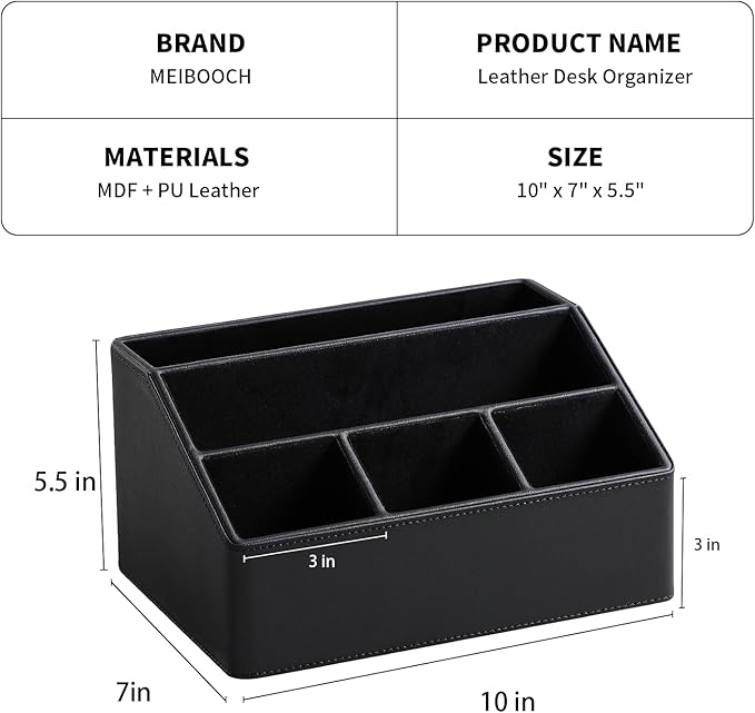 PU Leather Desk Organizer, Remote Control Holder, Black | Luxury Nightstand Organizer for Home, Office Desk Accessories, Bedside Table Caddy with 5 Compartments, Velvet Lining - Image 4