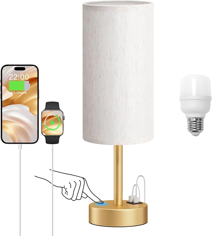 Touch Bedside Lamps for Nightstand - 14" Gold Desk Lamp with USB Ports | USB A+C Ports, 3-Way Dimmable, LED Bulb Included, White Fabric Shade, Gold Brass Base, 14" Night Stand Lamp for Apartment by DicooolDirect