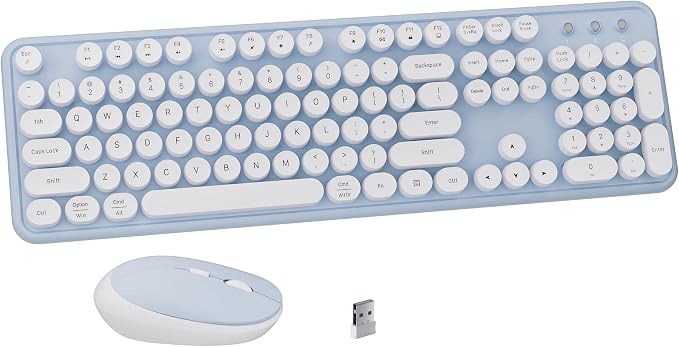 Colorful Wireless Keyboard and Mouse Combo Blue White | Full-Sized Office Keyboard with Typewriter Flexible Keys, 2.4GHz Dropout-Free Connection, Optical Mouse for PC Laptop by FCPLU