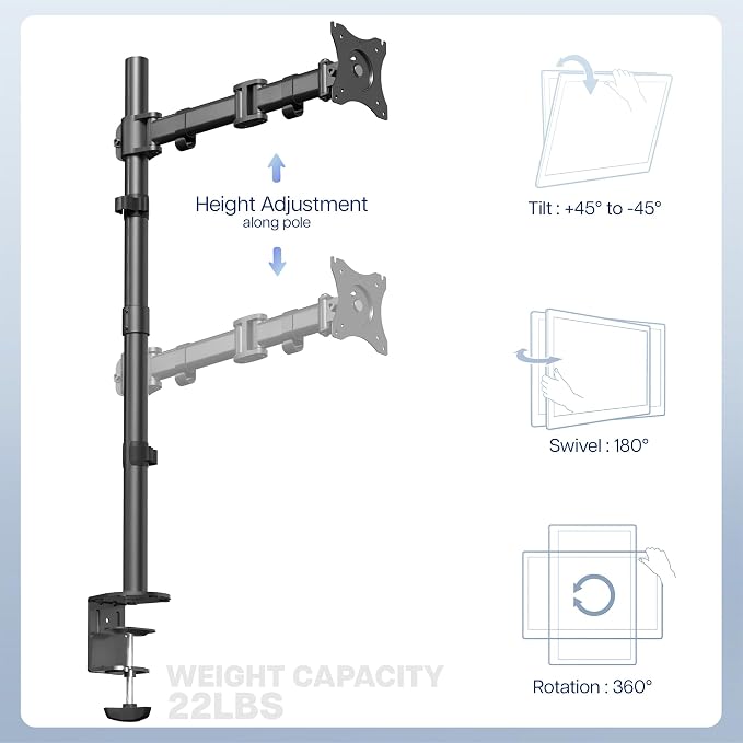 VIVO Single Monitor Desk Mount, Extra Tall Fully Adjustable Stand for 1 LCD Screen up to 32 inches, Ultra Wide Screens up to 38 inches, 22 lbs Capacity, STAND-V001T - Image 4