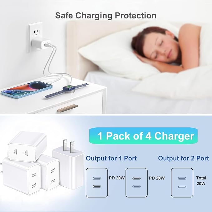 USB C Charger Block,4-Pack Dual Port USB C Fast Charging Block,2in1 Dual Ports Plug Wall Chargers,Type C Wall Charger Plug for iPhone 17/17 Pro/17 Pro Max/17 Air/16e/15 Plus/14/13/12 Pro/11/XS/XR/X - Image 7
