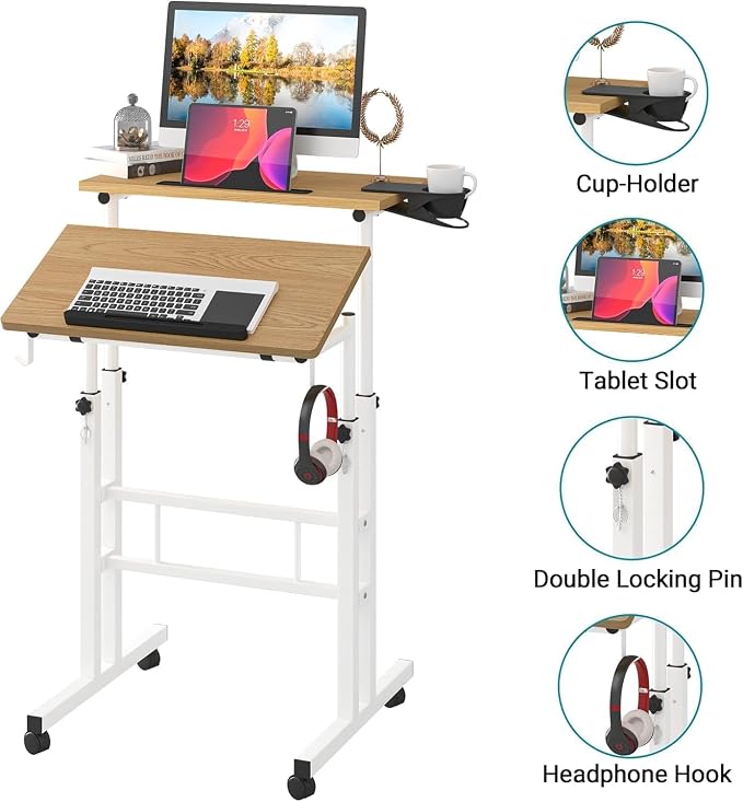 Small Standing Desk with Removable Cup Holder, Height Adjustable Mobile Laptop Stand on Wheels, Ergonomic Rolling Computer Workstation for Home Office, Portable Overbed Table for Couch & Bed, Khaki - Image 6