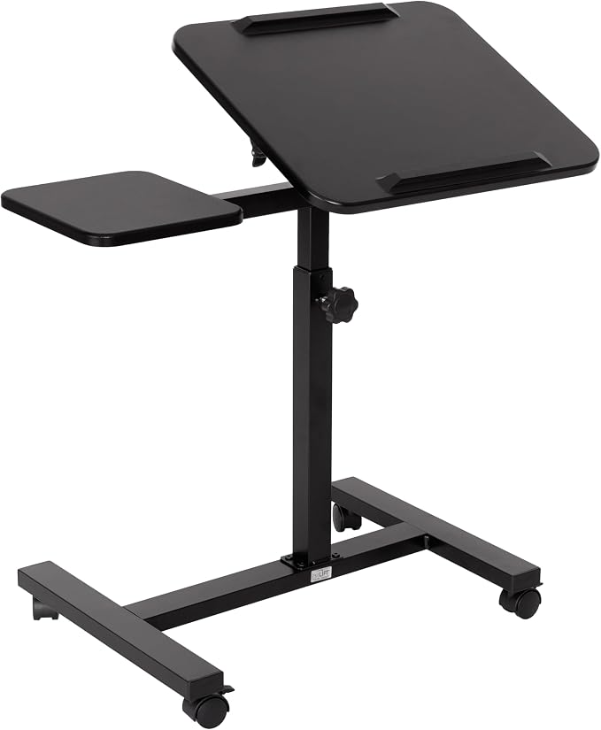 Seville Classics Airlift Height Adjustable Mobile Rolling Laptop Cart Computer Workstation Desk, Table for Home, Office, Classroom, Hospital, w/Wheels, Black, Tilt w/Side Table (28") (New Model) - Image 3