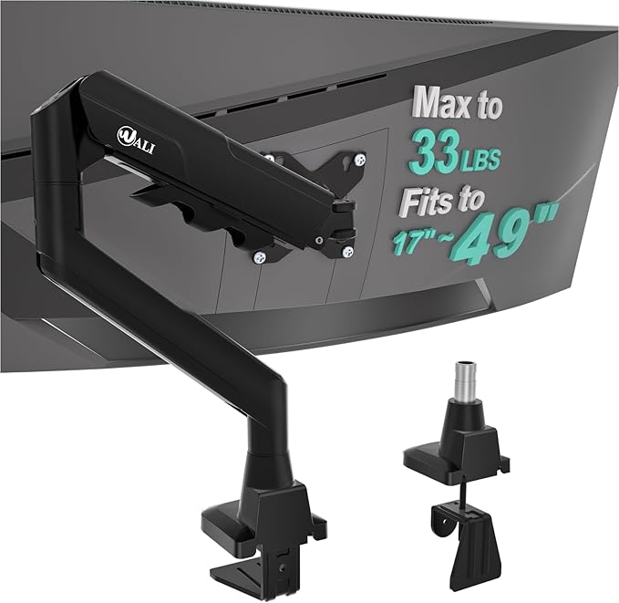 WALI Ultrawide Single Monitor Arm for 17-49 inch Curved Screen, up to 33lbs | Heavy Duty Monitor Desk Mount, Full Motion with Tilt, Swivel, Rotation, C-Clamp/Grommet Base, VESA 75/100mm (GSM001XLN),Black by WALI