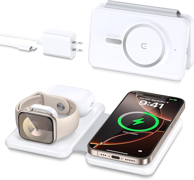Charging Station for Apple Devices: Magnetic Wireless Charger for iPhone | Charges iPhone 17-12 Watch & AirPods Simultaneously,No Cable Clutter on Desk Bedside,Foldable Compact for Travel, 18W Adapter by Knildwirlesscharger