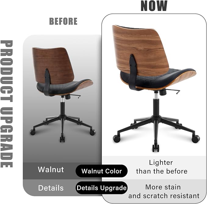 Home Office Chair No Arms with Wheels, Mid Back Walnut Style, Black | Adjustable Height Small Desk Chair, PU Leather Mid Back 360 Swivel Computer Seating, Armless Walnut Office Chair, 300LBS - Image 9