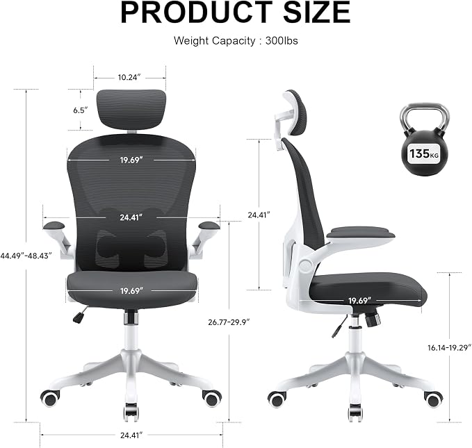 Ergonomic Mesh Office Chair, Black | Adjustable Lumbar Support and Headrest,Ergonomic Home Office Chair, Flip-Up Arms 90-120° Tilt Lock Rolling Swivel Work Chair - Image 2